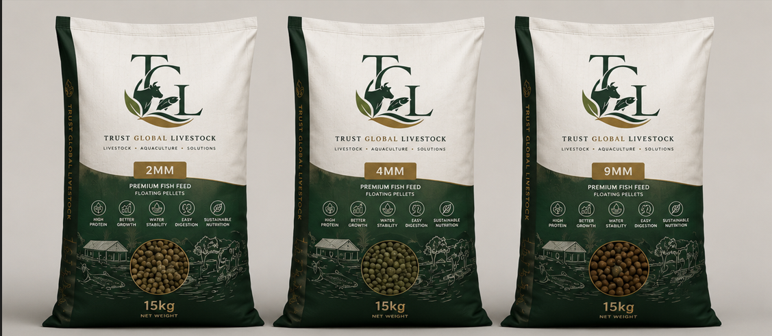 TGL Premium Fish Feed range in 2mm, 4mm and 9mm 15kg bags